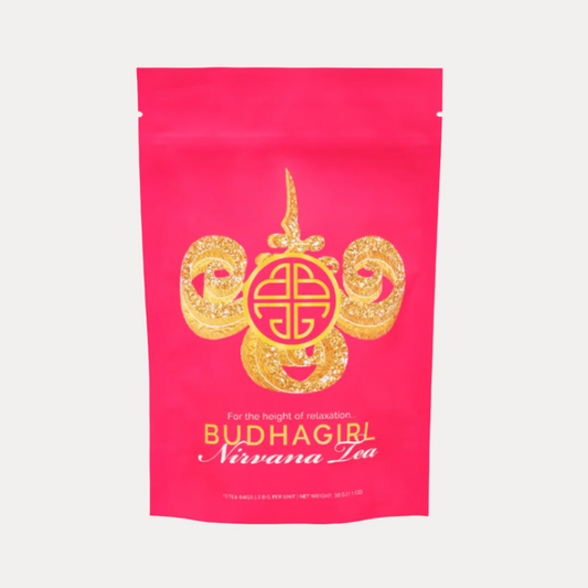 a pink bag with gold text