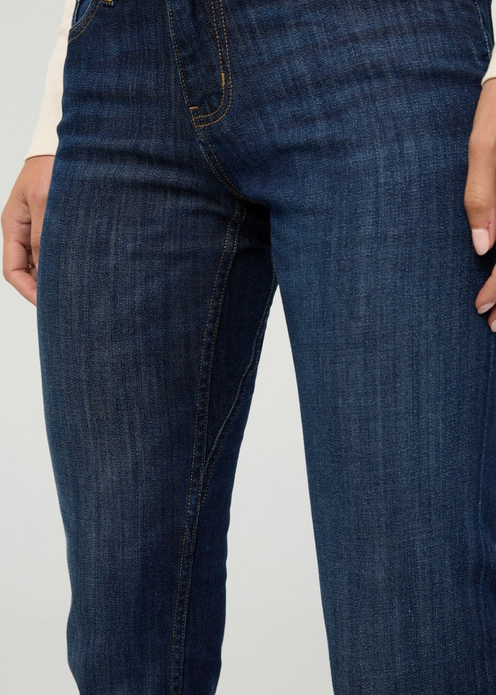 Women's Relaxed Fit Marina Blue Stretch Jeans front gusset detail