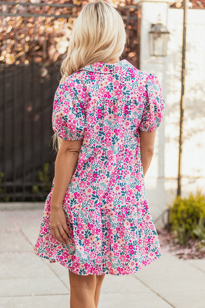 Pink Floral Collared Half Placket Short Sleeve Loose Dress