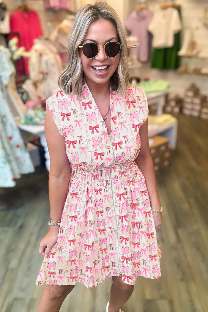 Pink Full Zip Cinched Waist Sleeveless Bow Mini Dress