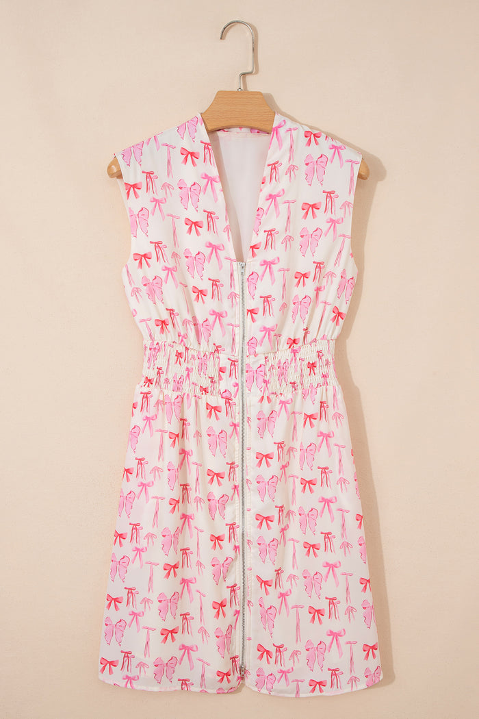 Pink Full Zip Cinched Waist Sleeveless Bow Mini Dress