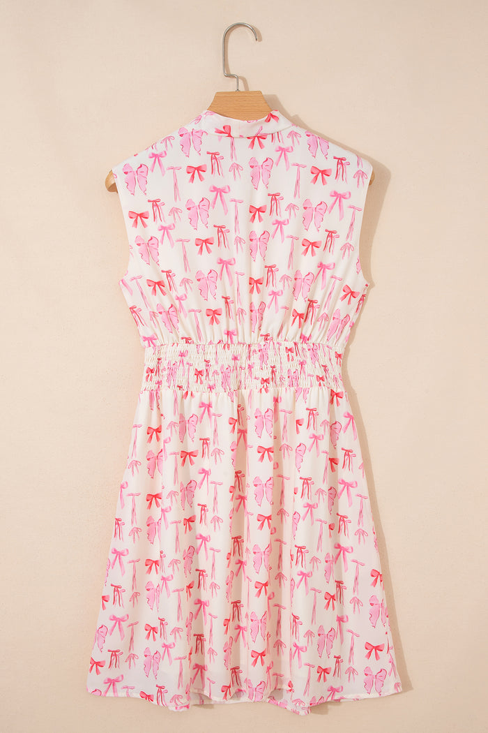 Pink Full Zip Cinched Waist Sleeveless Bow Mini Dress