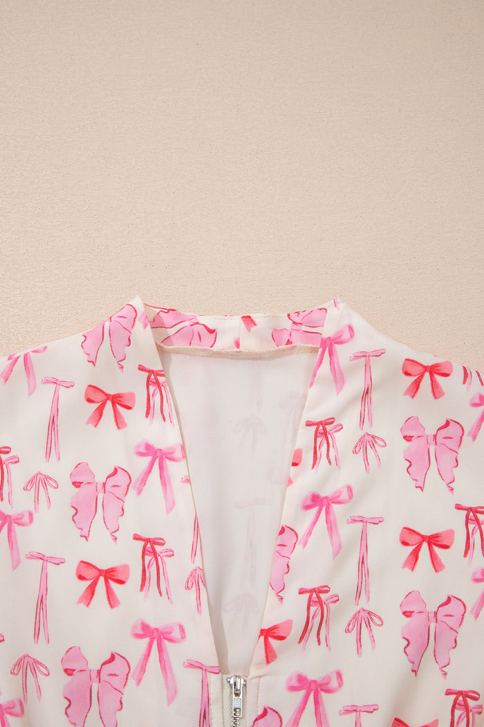Pink Full Zip Cinched Waist Sleeveless Bow Mini Dress
