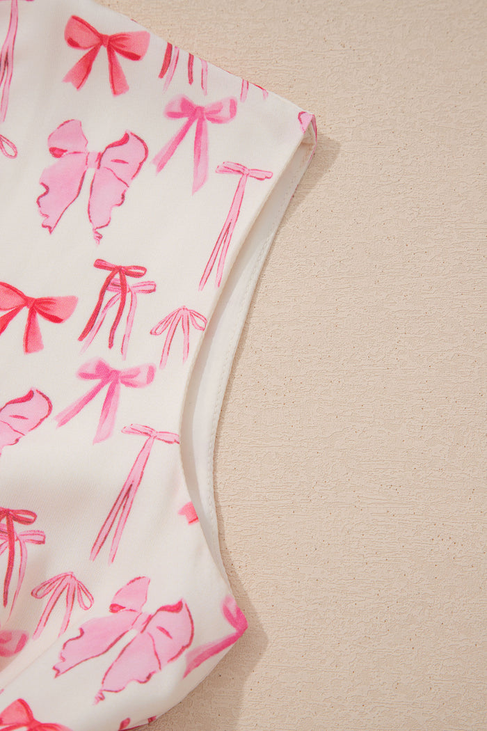 Pink Full Zip Cinched Waist Sleeveless Bow Mini Dress