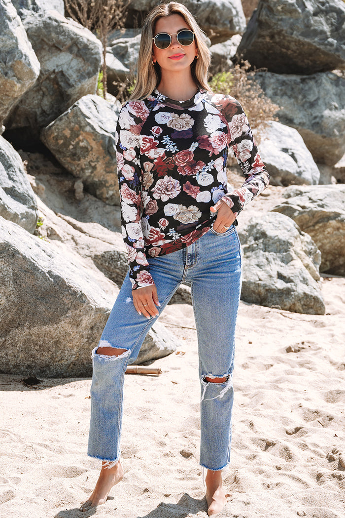 Pink Mesh Floral Print Mock Neck Long Sleeve Slim Top