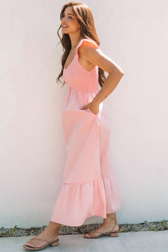 Pink V Neck Flutter Sleeve Smocked Bodice High Waist Ruffle Maxi Dress