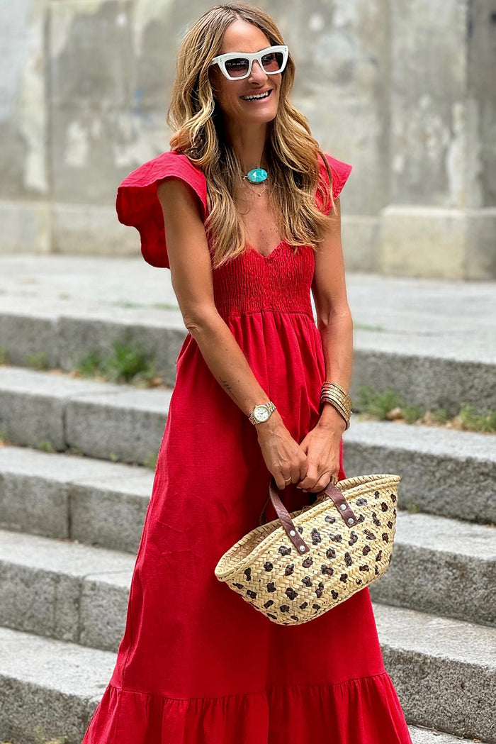 Pink V Neck Flutter Sleeve Smocked Bodice High Waist Ruffle Maxi Dress
