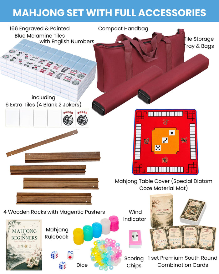 Complete mahjong set with 166 blue tiles, red mat, racks, dice, chips, bag