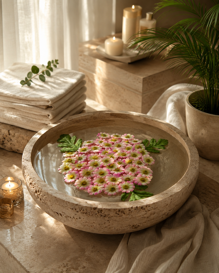 Artificial floating daisy flowers in a round bowl, pink petals with yellow centers