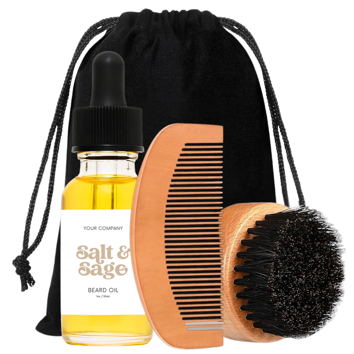White label beard care formula styled with masculine grooming accessories