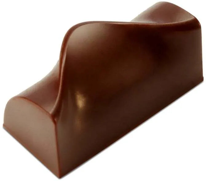 A chocolate mold with a smooth, clear surface and a distinctive curved shape, likely polycarbonate material.