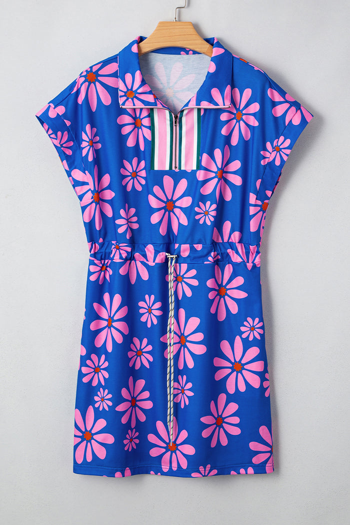 Purple Floral Striped Quarter Zip Cap Sleeve Drawstring Waist Mini Dress