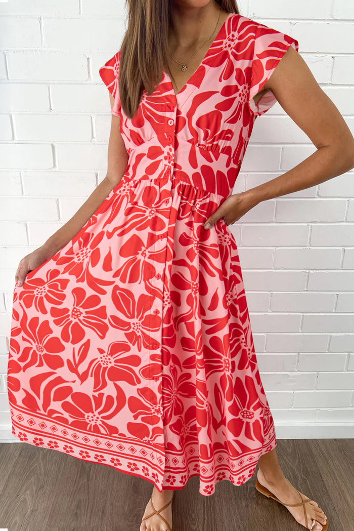 Red Boho Floral Short Sleeve V Neck Buttoned Shirred Waist Long Dress