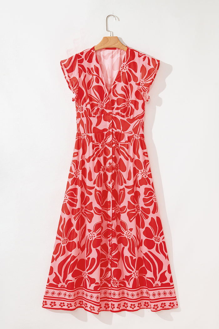 Red Boho Floral Short Sleeve V Neck Buttoned Shirred Waist Long Dress