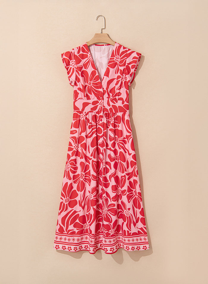Red Boho Floral Short Sleeve V Neck Buttoned Shirred Waist Long Dress