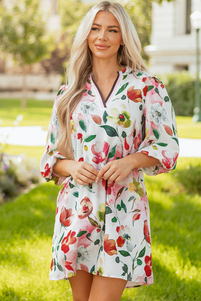 Red Floral Contrast Striped V Neck Puff Half Sleeve Shift Dress
