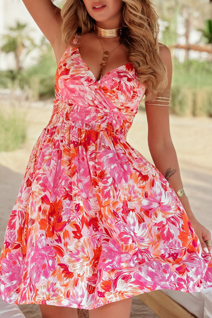 Red Floral Spaghetti Strap Surplice Neck Shirred Waist Mini Dress