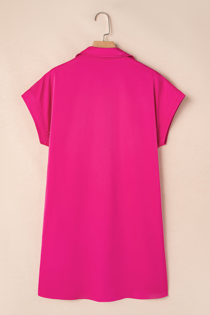 Rose Red Buttoned Collar Shift T-shirt Mini Dress