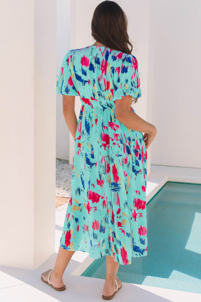 Sky Blue Abstract Print Short Puff Sleeve Tiered Maxi Dress