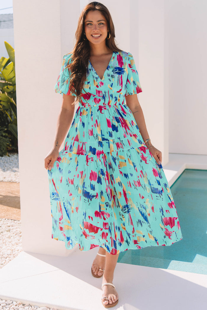 Sky Blue Abstract Print Short Puff Sleeve Tiered Maxi Dress