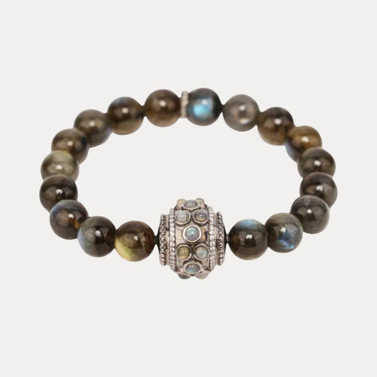 A Labradorite and sterling silver bracelet. The bracelet features a series of polished Labradorite beads, which have a distinctive iridescent sheen. The beads are strung on a delicate sterling silver chain. The bracelet is adjustable to fit most wrist sizes.