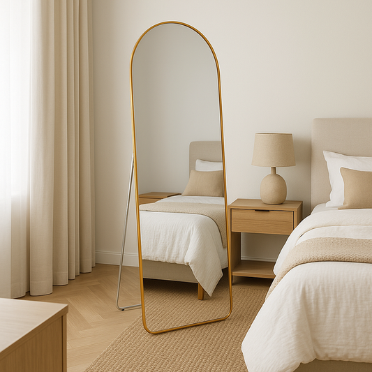 Standing Mirror Full Length Gold Arched Mirror 60"x16.5" – Floor Mirror with Hooks for Wall Mount, Metal Frame, Modern Bedroom Dressing Mirror