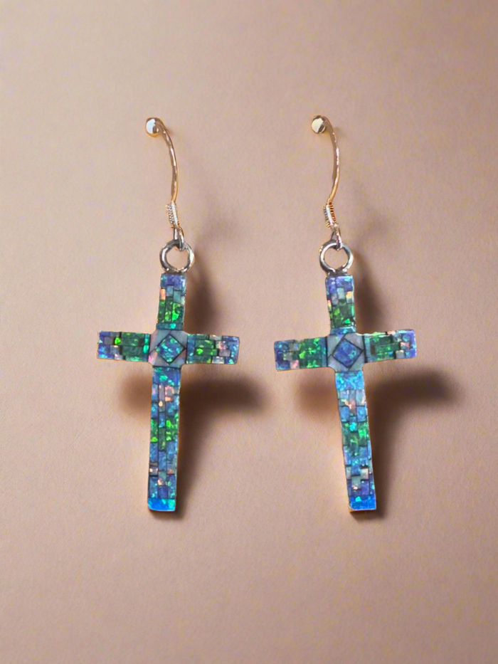 Sterling Silver Crosses Opal Inlay Earrings STER003