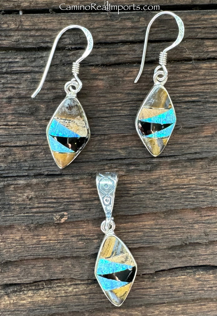 Sterling Silver Set Onix and Opal Inlay Pendant and Earrings STSPE003