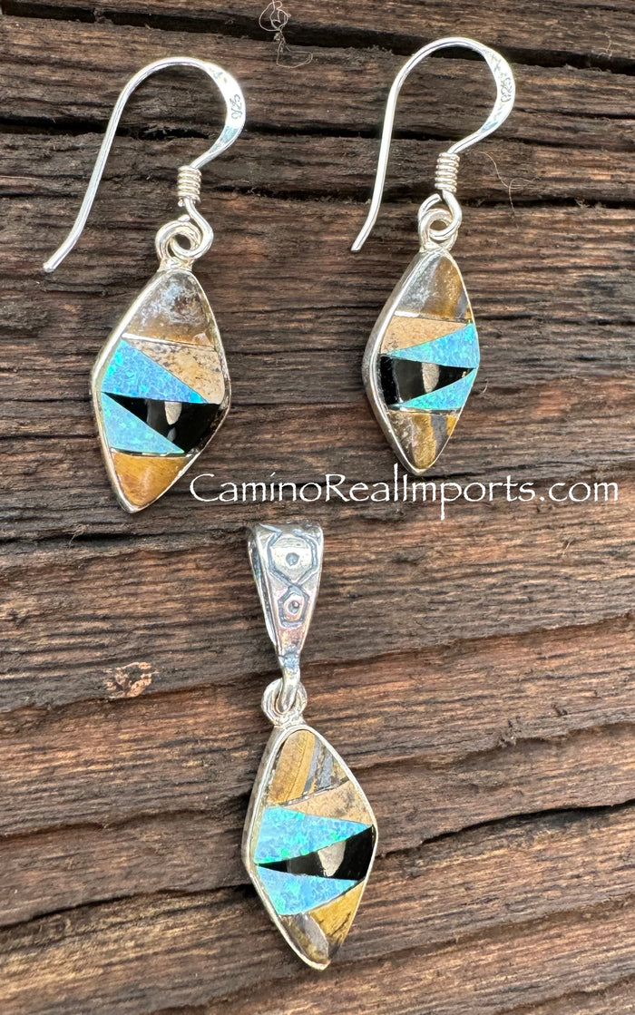 Sterling Silver Set Onix and Opal Inlay Pendant and Earrings STSPE003
