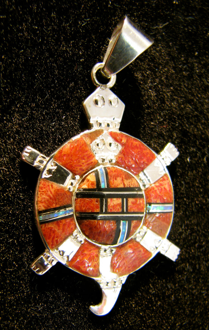 Sterling Silver Turtle Set Red Sponge Coral Pendant and Earrings TSC011