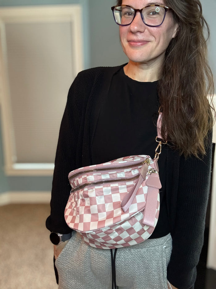 The Roni Nylon Crossbody - Checkered Medium Pink