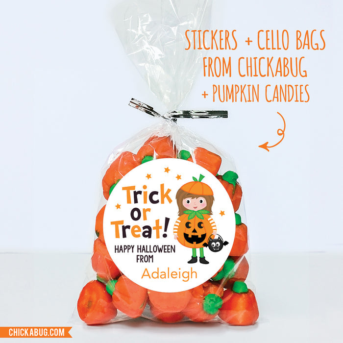 "Trick or Treat" Girl Halloween Stickers - Brown Hair