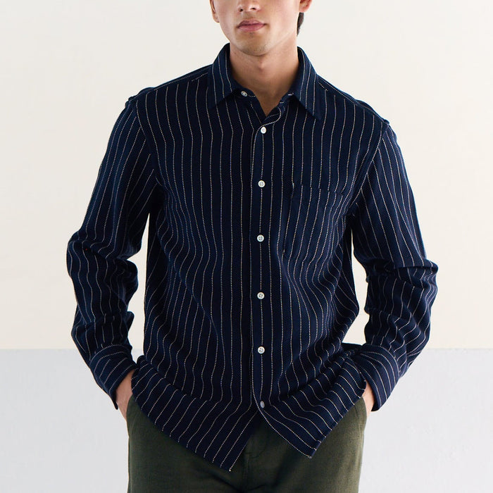 Two Ply Flecked Weave Shirt in Navy Pinstripe