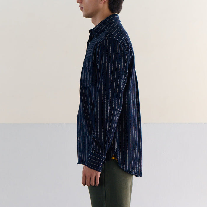 Two Ply Flecked Weave Shirt in Navy Pinstripe