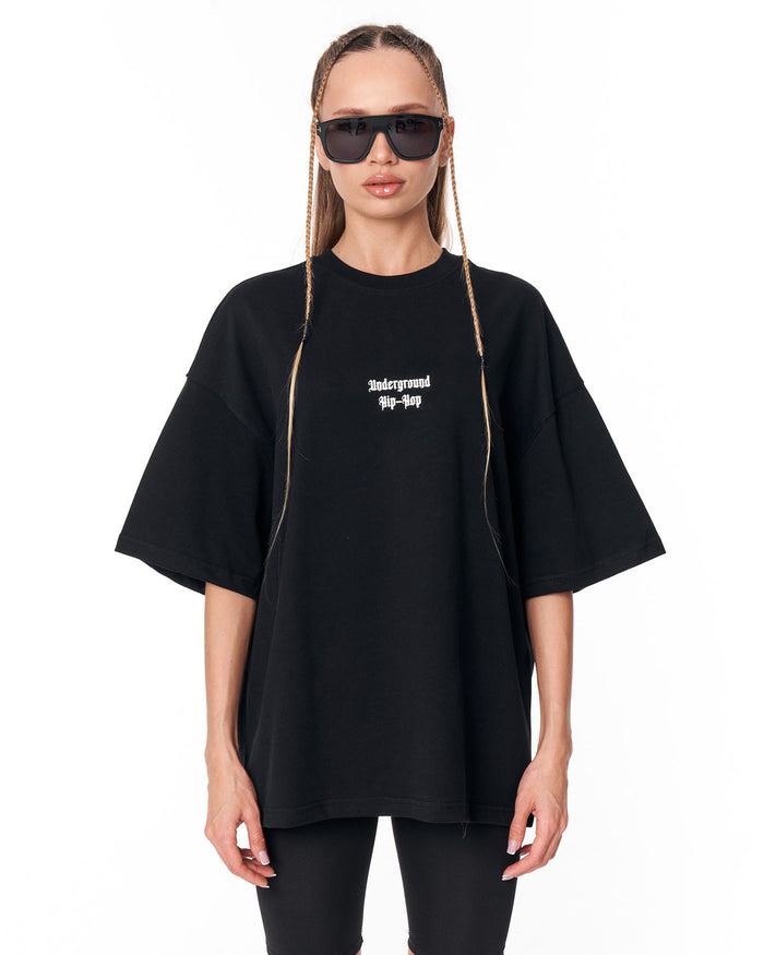 Underground Hip Hop Black Oversized T-Shirt with small chest graphic