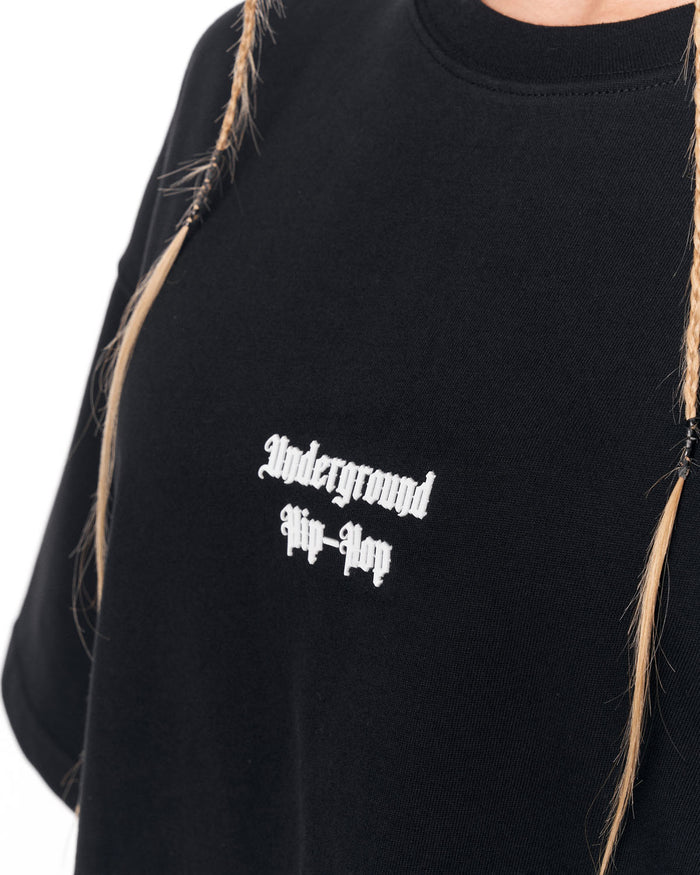 Underground Hip Hop Black Oversized T-Shirt with bold gothic back print