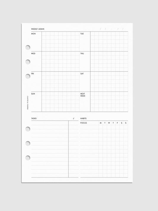 Weekly Admin Planner Inserts, Monday Start, Cloth and Paper. Mockup of insert in A5 sizing.