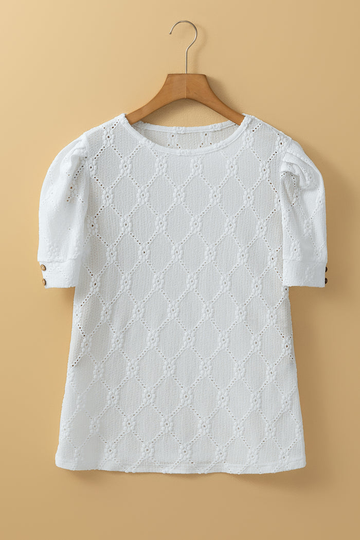 White Flower Geometric Textured Button Short Sleeve Top