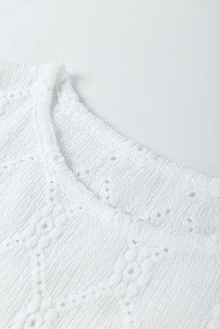 White Flower Geometric Textured Button Short Sleeve Top