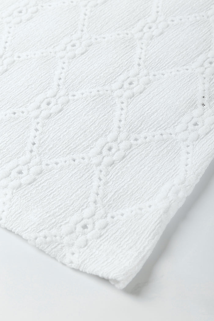 White Flower Geometric Textured Button Short Sleeve Top