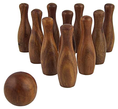White Whale Handmade Wooden Games Bowling Set 10 Pins and 2 Balls in Box