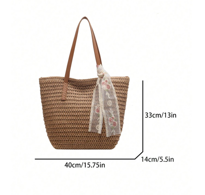 Women's woven raffia tote bag by Grace Beauty, stylish handbag with natural woven texture and spacious interior.