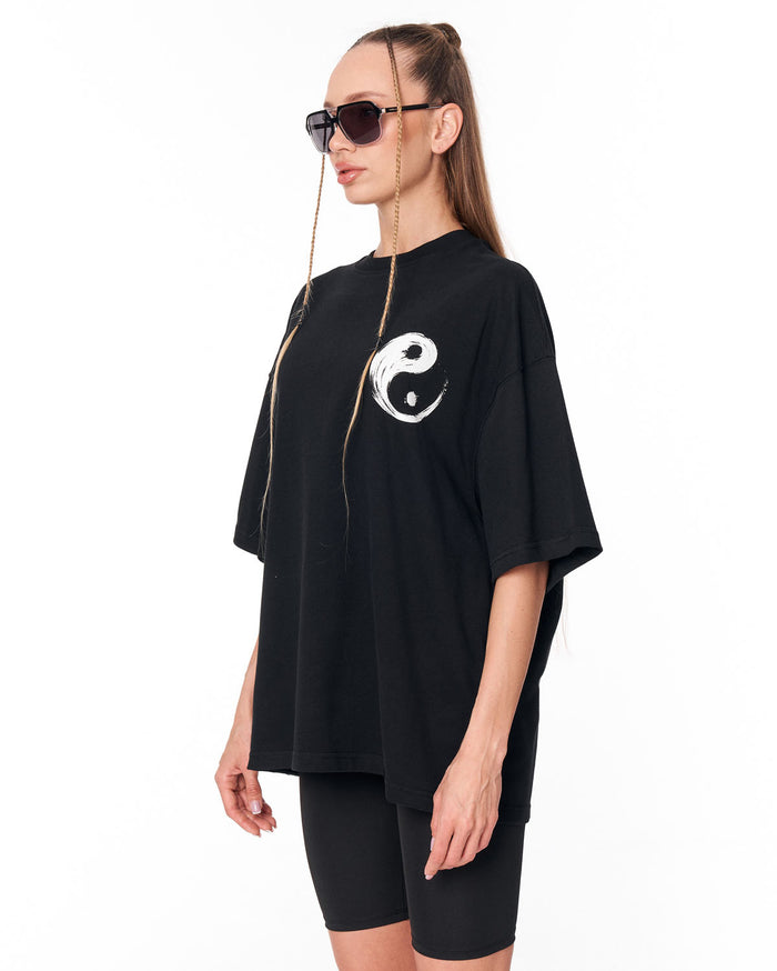 Yin Yang Brush Graphic Black Oversized T-Shirt in relaxed oversized fit
